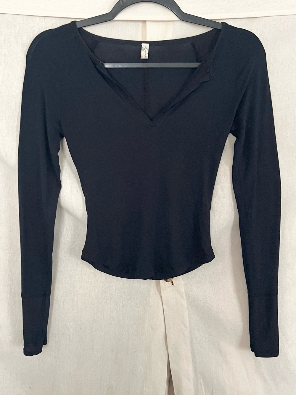 Free People Split Neck Modal Long Sleeve Black Top